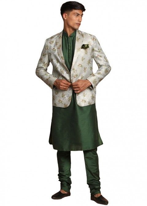 Readymade Green Kurta Pyjama With Printed Jacket