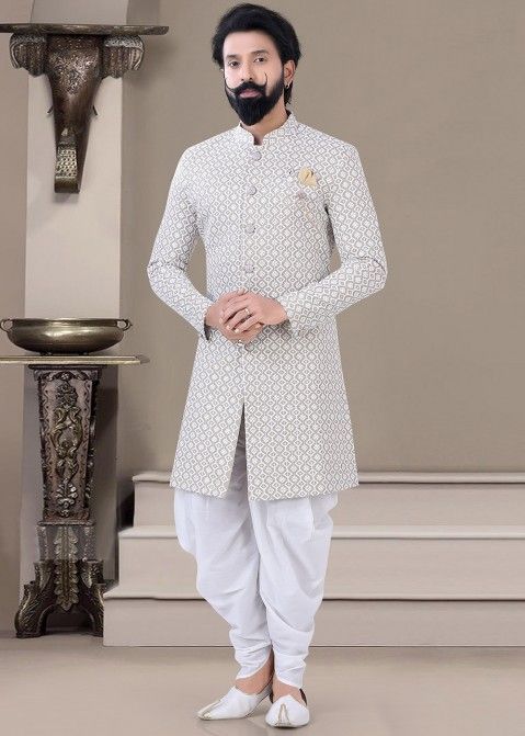 Grey Chikankari Embroidered Indo Western Sherwani For Men