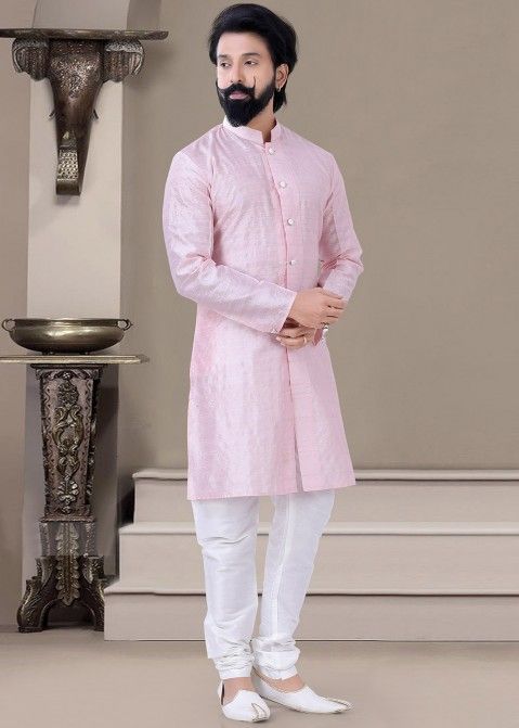 Pink Buttoned Front Kurta Pajama for Men In Woven Design Online Panash India