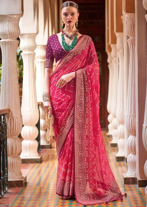 Pink Leheria Print Georgette Saree With Blouse