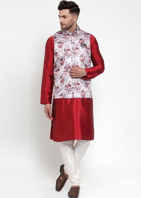 Maroon Dupion Silk Kurta Pajama with Nehru Jacket