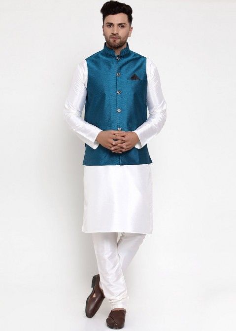 Blue Dupion Silk Nehru Jacket With Kurta Pajama