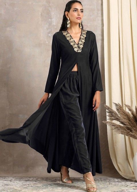 Black Velvet Long Indo Western Tunics Online With Pant