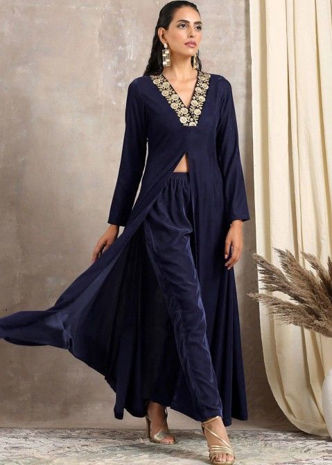 Blue Velvet Long Indian Tunics Online USA With Pant