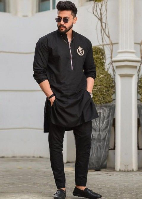 Readymade Black Kurta Pajama Set In Cotton
