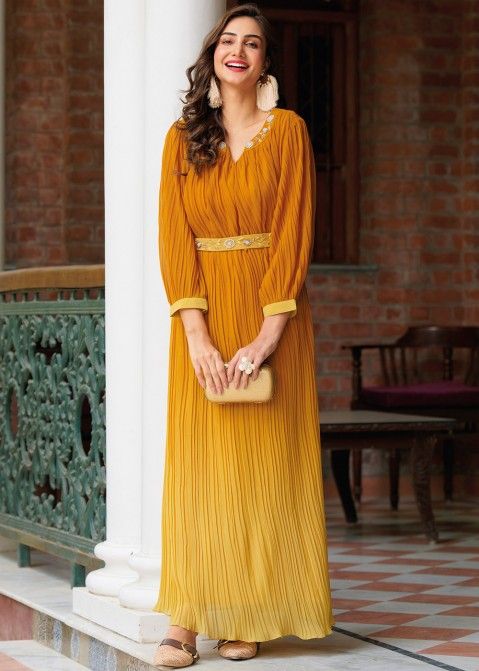 Yellow Party Indo Western Dress With Bead Work