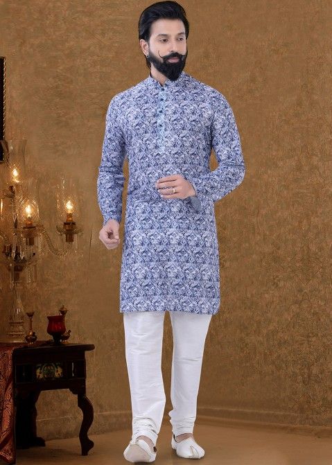 Readymade Blue Printed Kurta Pajama In Cotton