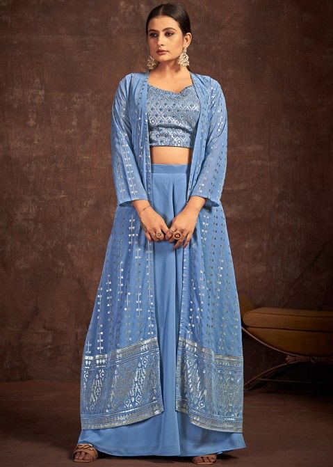 Readymade Blue Embroidered Jacket Style Palazzo Set