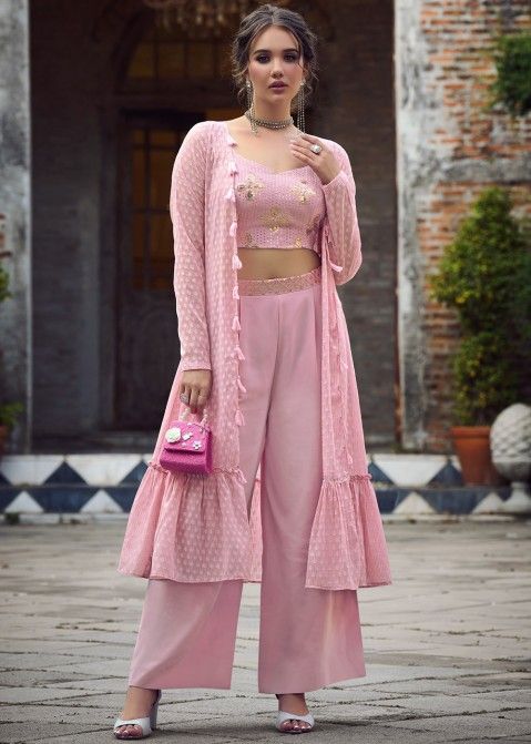 Pink Readymade Embroidered Jacket Style Palazzo Set 872TB02
