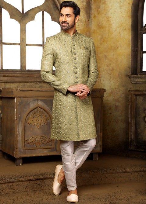 Traditional Pista Green Color Indowestern  Green suit men, Designer suits  for men, Indian men fashion