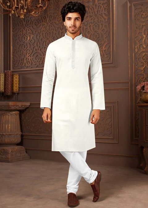 White Readymade Festive Kurta Pajama In Cotton