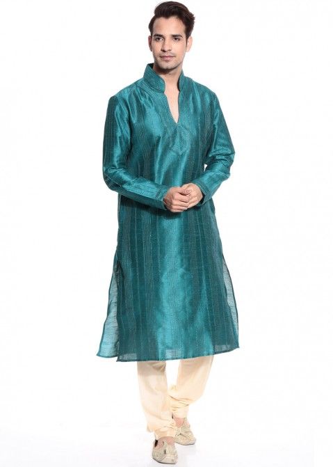 Male Indian Clothing: Buy Readymade Blue Art Silk Kurta Pajama Set Online