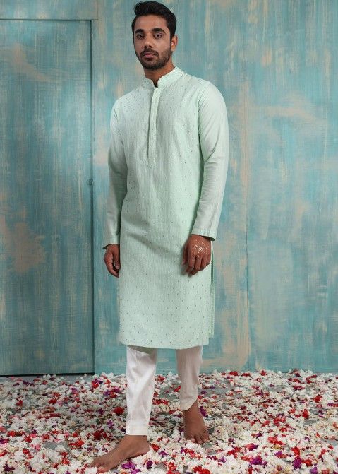 Readymade Green Embroidered Kurta Pajama For Men