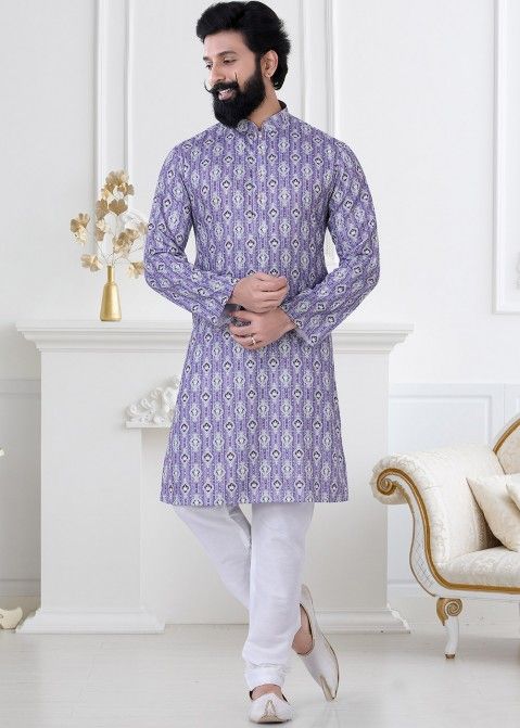 Purple Readymade Cotton Printed Kurta Pajama