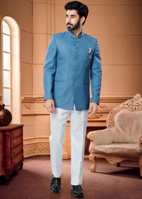 Blue Color Bandhgala Chinese/Mandarin Collar Jodhpuri Suit – Bollywood  Wardrobe