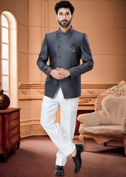 Readymade Grey Woven Mens Bandhgala Jodhpuri Suit