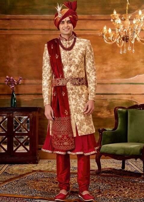 Golden Jacquard Embroidered Anarkali Style Sherwani Set