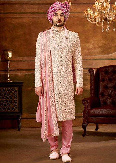 Mauve pink raw silk groom sherwani - G3-MSH7783 | G3fashion.com