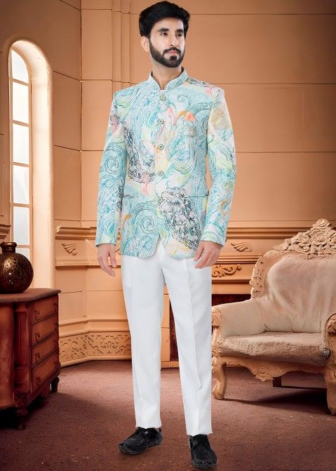 Reception Beige and Brown color Brocade fabric Jodhpuri Suit : 1839877