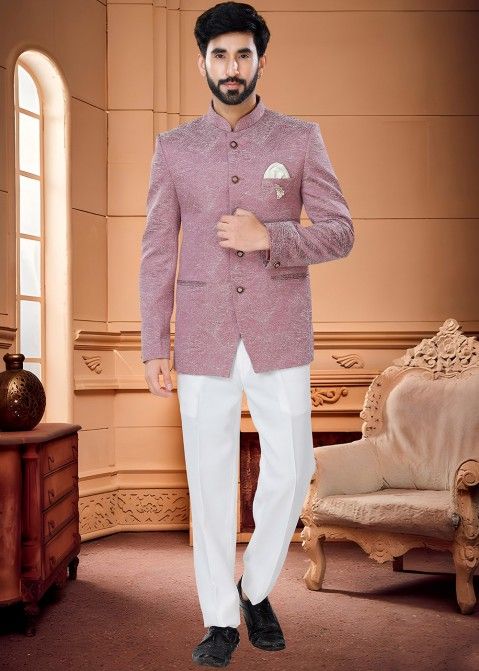 Readymade Pink Woven indian Bandhgala Suit