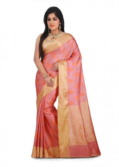 Pink Saree in Pure Tussar Silk