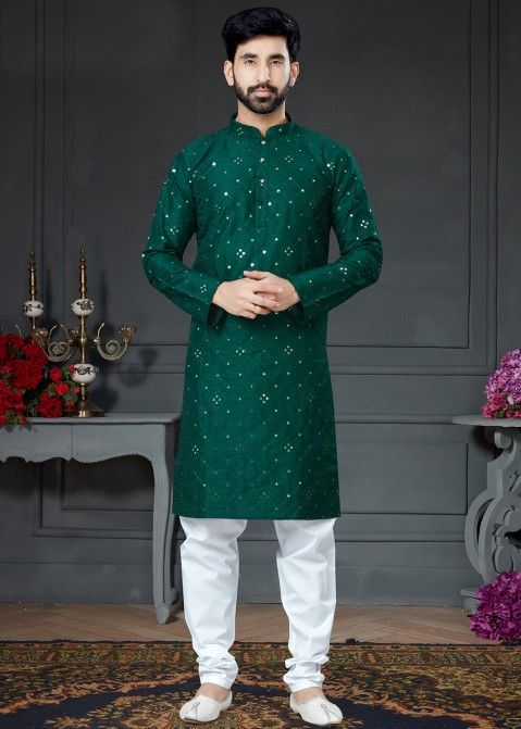 Green Mirror Worked Kurta Pajama In Cotton Silk