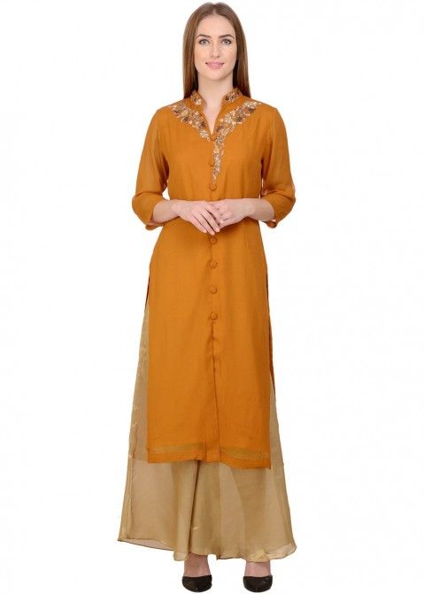 Yellow Embroidered Kurta Set In Georgette