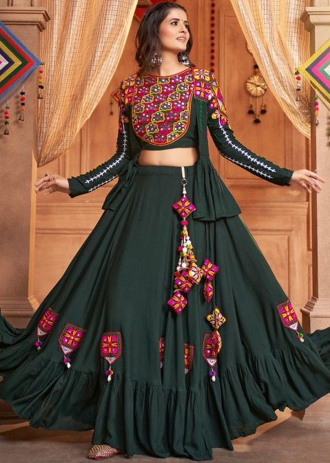 Green Embroidered Jacket Style Navratri Skirt Set