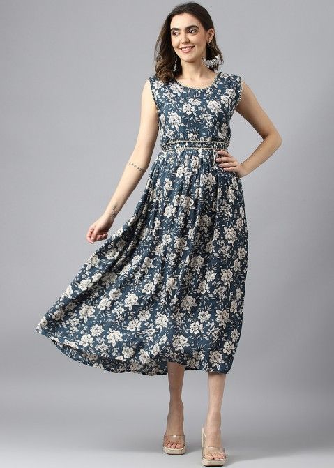 Blue Floral Printed Dree In Cotton