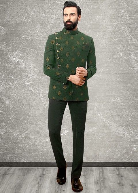 Hemlock Green Premium Cotton Cross Buttoned Bandhgala Stretchable Traveler  Suit | Traveler suit, Jodhpuri suits for men, Tie and pocket square