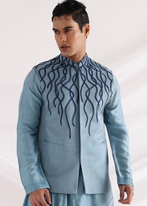Blue Thread Embroidered Designer Nehru Jacket USA