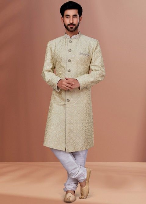 Beige Embroidered Mens Sherwani With Pant