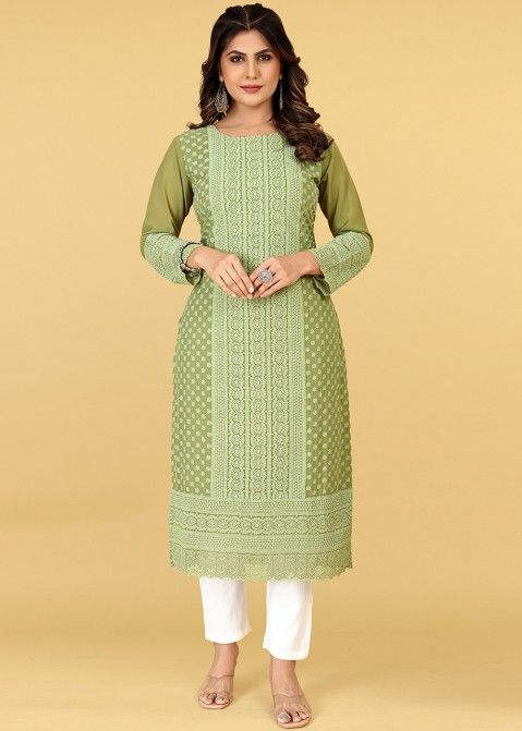 Green Embroidered Long Kurti In Georgette