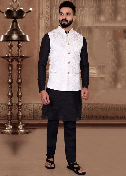 Black Readymade Kurta & White Woven Desinger Nehru Jacket