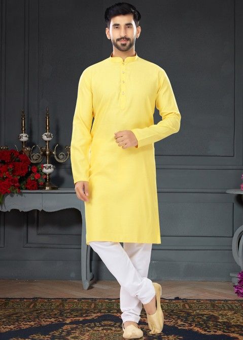 Yellow Woven Kurta Pajama In Cotton