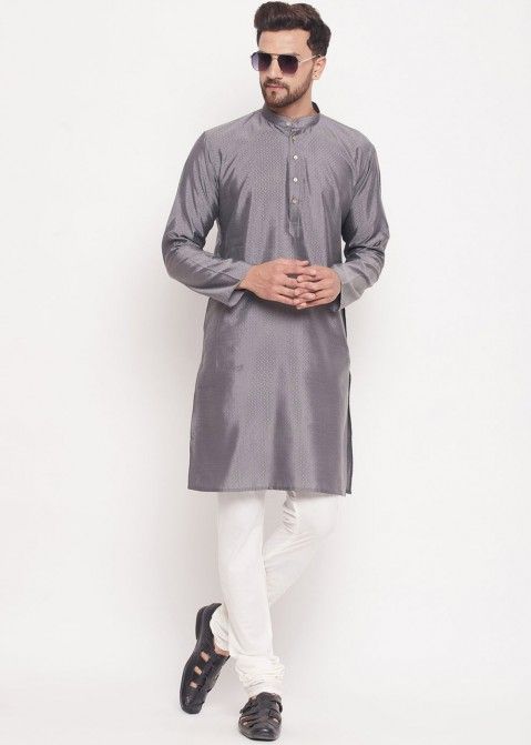 Readymade Grey Color Art Silk Kurta Pajama Set