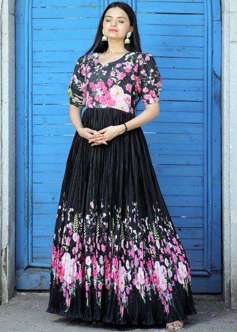 Black Floral Printed Dress In Cotton