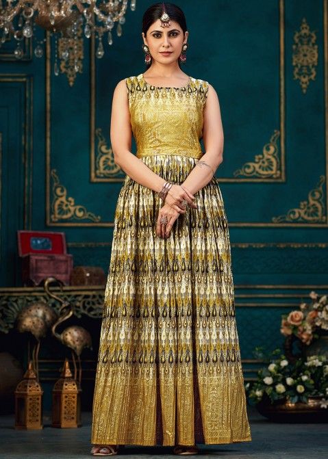 Golden Flared Style Foil Printed Dress