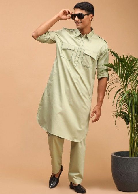 Green Color Cotton Readymade Pathani Suit