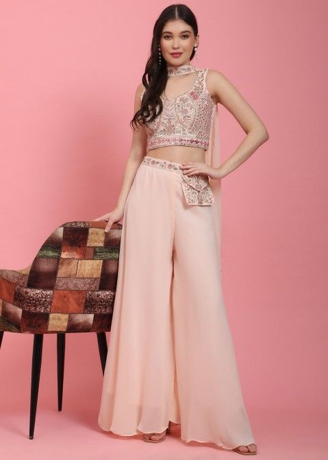 Peach Embroidered Sheer Jacket With Crop Top & Palazzo Pants Design by  Rishi & Vibhuti at Pernia's Pop Up Shop 2024
