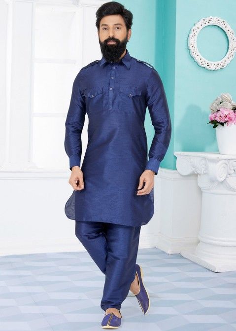 Navy Blue Color Dupion Silk Readymade Pathani Suit
