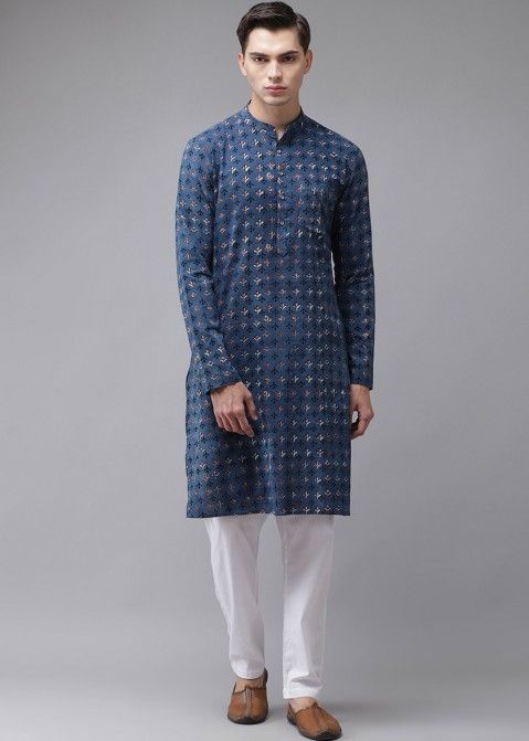 Blue Block Printed Cotton Kurta Pajama