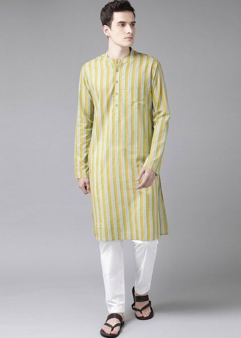 Yellow Stripes Printed Mens Kurta Pajama