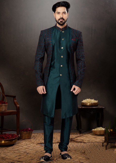 GREEN EMBROIDERED FANCY FABRIC INDO-WESTERN-DRESSES | Wedding sherwani,  Wedding dress men, Indo western dress