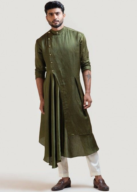 Green Drape Style Kurta Pajama In Satin