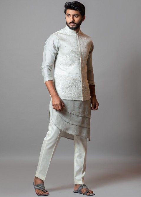 Grey Embroidered Kurta Pajama With Nehru Jacket