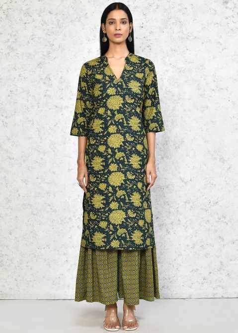 Green Digital Printed Readymade Cotton Sharara Suit