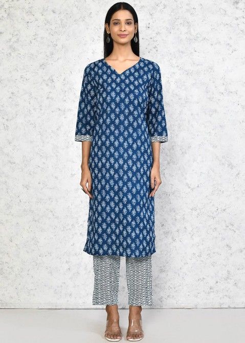 Blue Cotton Readymade Pant Suit In Digital Print