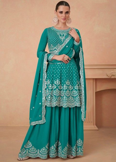 Pine Green Embroidered Suit Set In Chiffon
