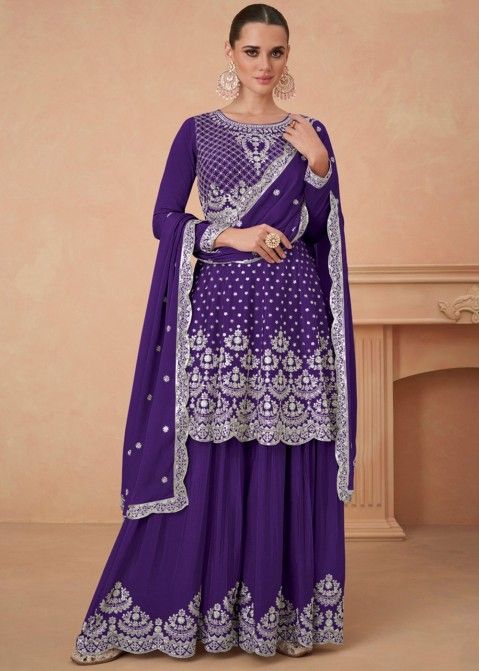 Purple Embroidered Suit Set In Chiffon
